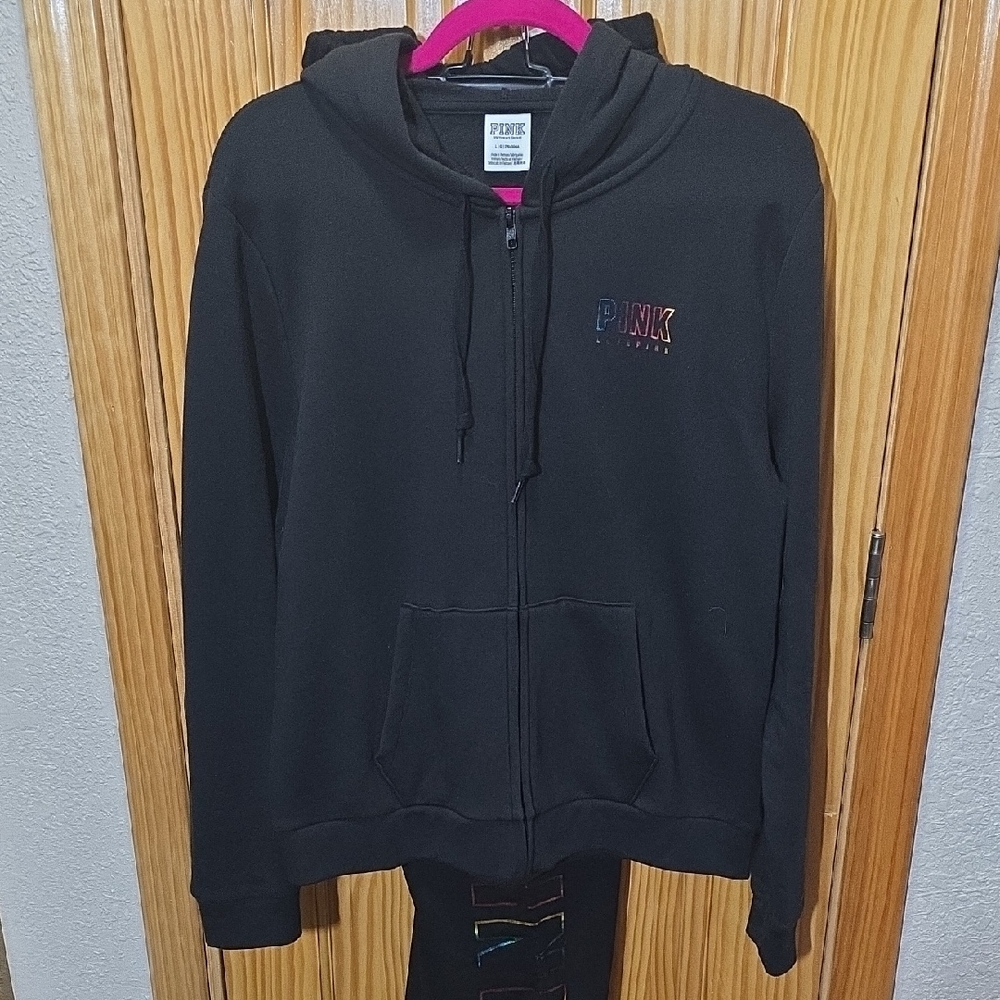 NWT VS PINK- Black Hoodie and Pants Set with Iriescent Rainbow Foil Logo L/XL - Picture 3 of 9